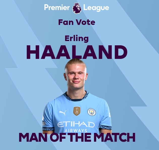 打進致勝球！英超官方：哈蘭德當(dāng)選曼城1-0熱刺全場最佳球員